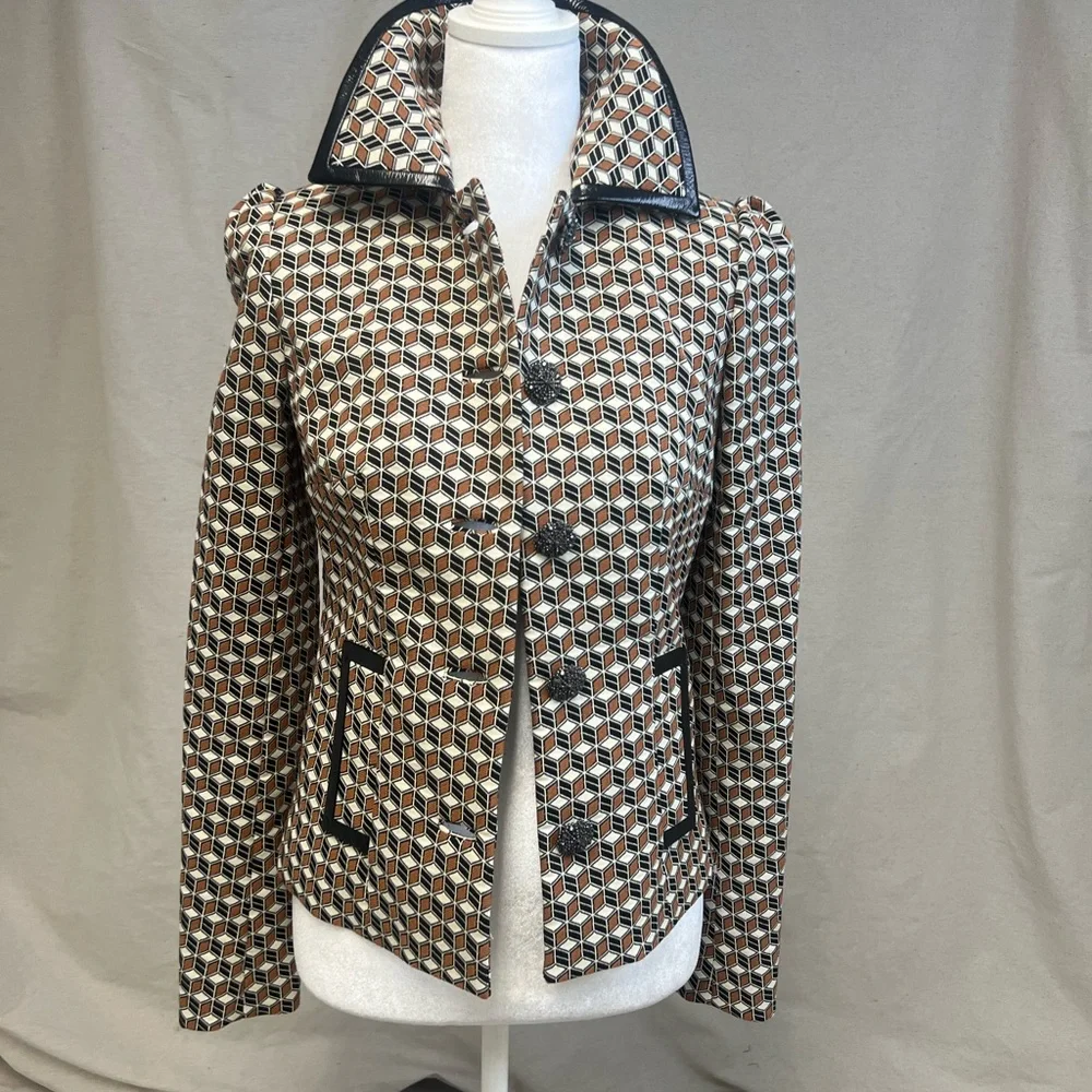 Elie Tahari Women's Blazer Geometric Pattern Brown‎ Black Sz 0 Vintage Retro 70s